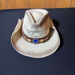 Stone Age Natural Straw Cowboy Hat with Blue Gemstone Band, SWT-3630C